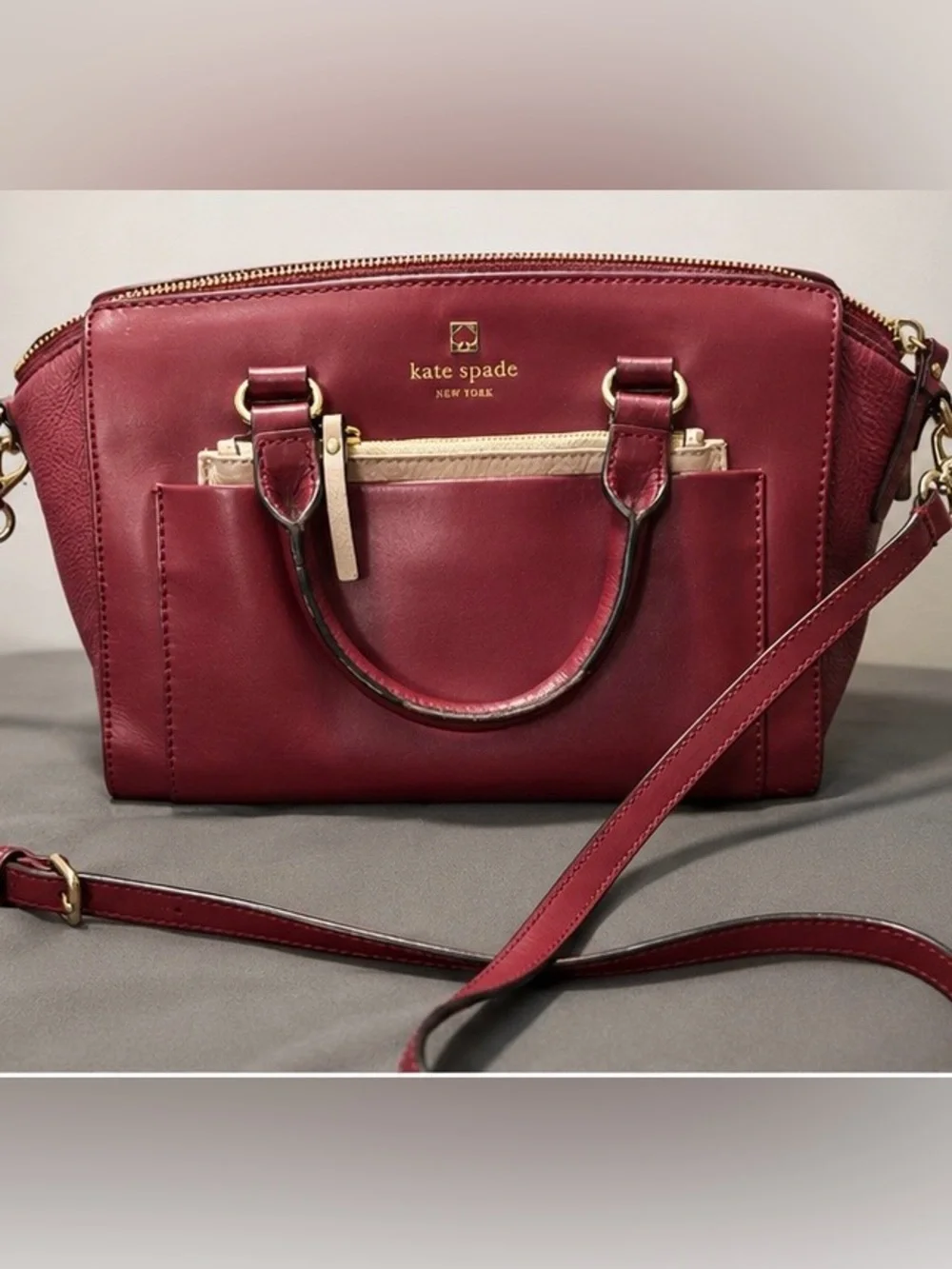 kate spade Burgundy Leather Crossbody Satchel with Beige Accent